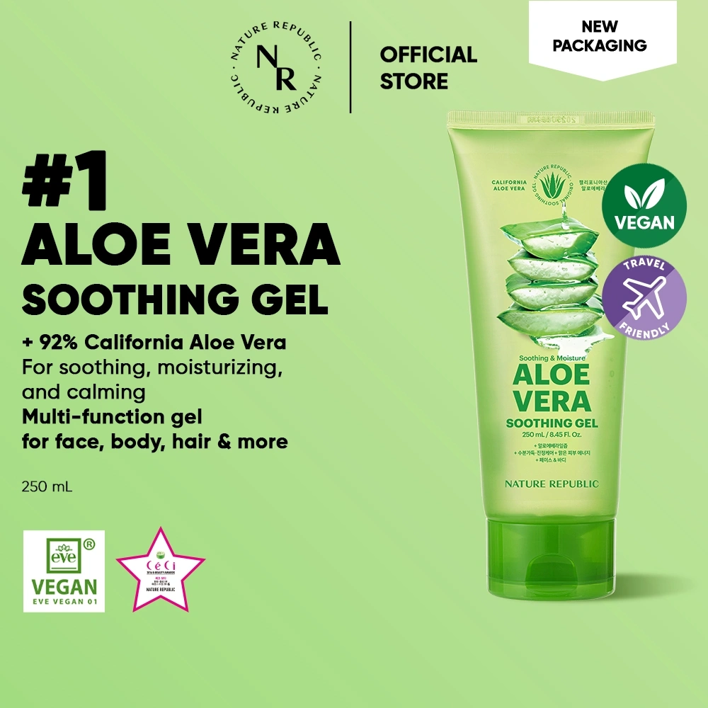 NATURE REPUBLIC Aloe Vera 92% Soothing & Moisture Gel 250ml | Face & Body Gel Multifungsi Menghidrasi & Menenangkan Kulit Kemerahan atau Iritasi (Tube)