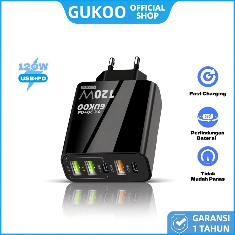 GUKOO Adaptor Fast Charging 120W Multi Port - USB & Type-C Dual Support - Cocok untuk HP/Laptop/Tablet