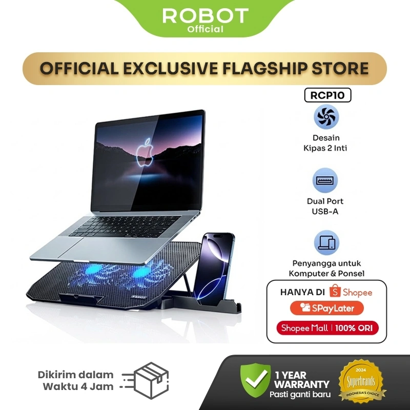 ROBOT Cooling Pad Laptop 10-16 inch Untuk Gaming Kipas 2 Inti Lengkap Dengan Slot HP Tipe Level Fan Speed With Phone Holder Silent Fan  RCP10 Original - Garansi 1 Tahun