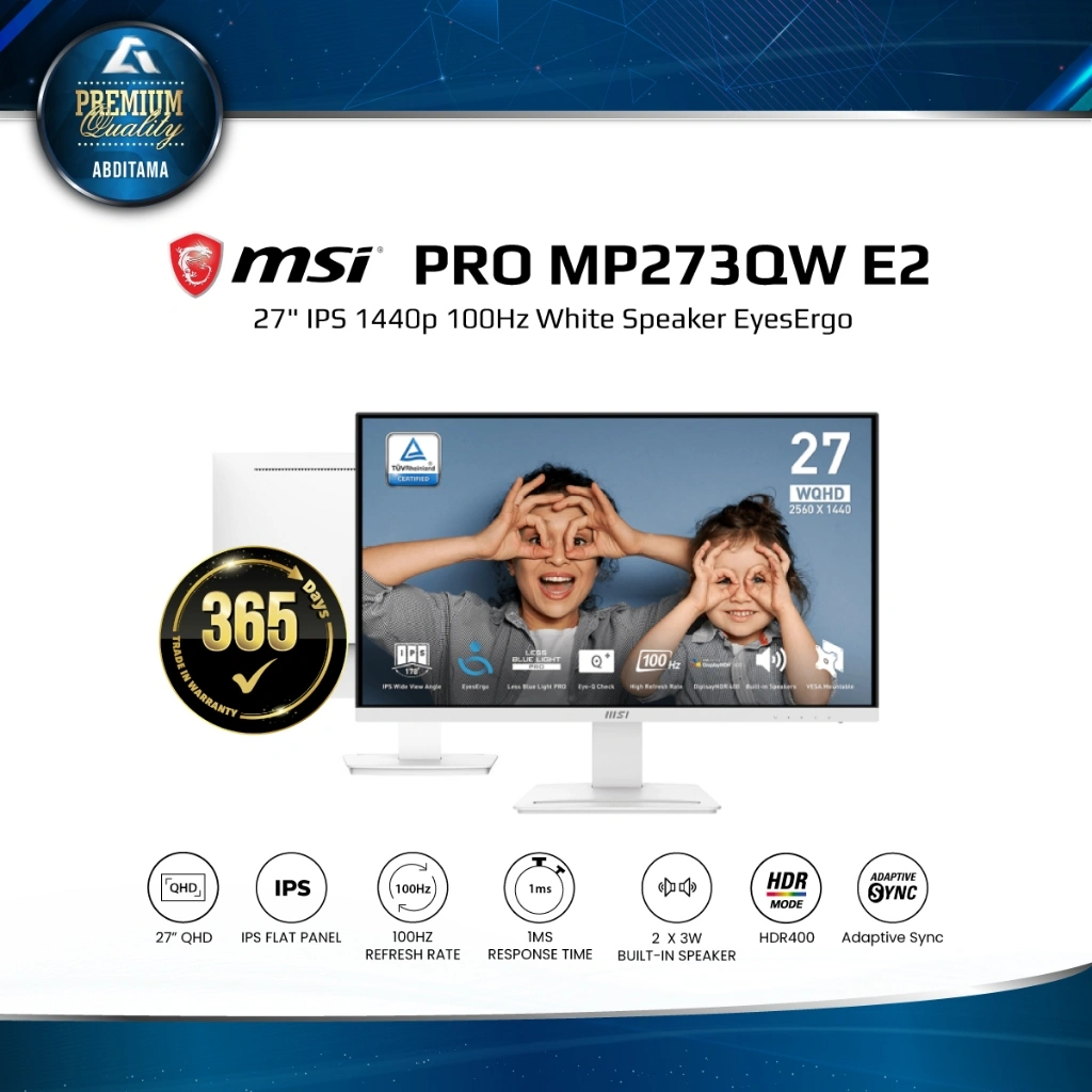Monitor LED MSI Pro MP273QW E2 27" IPS 1440p QHD 2K 100Hz White Speaker HDMI x2 Dp x1 Vesa 75x75mm