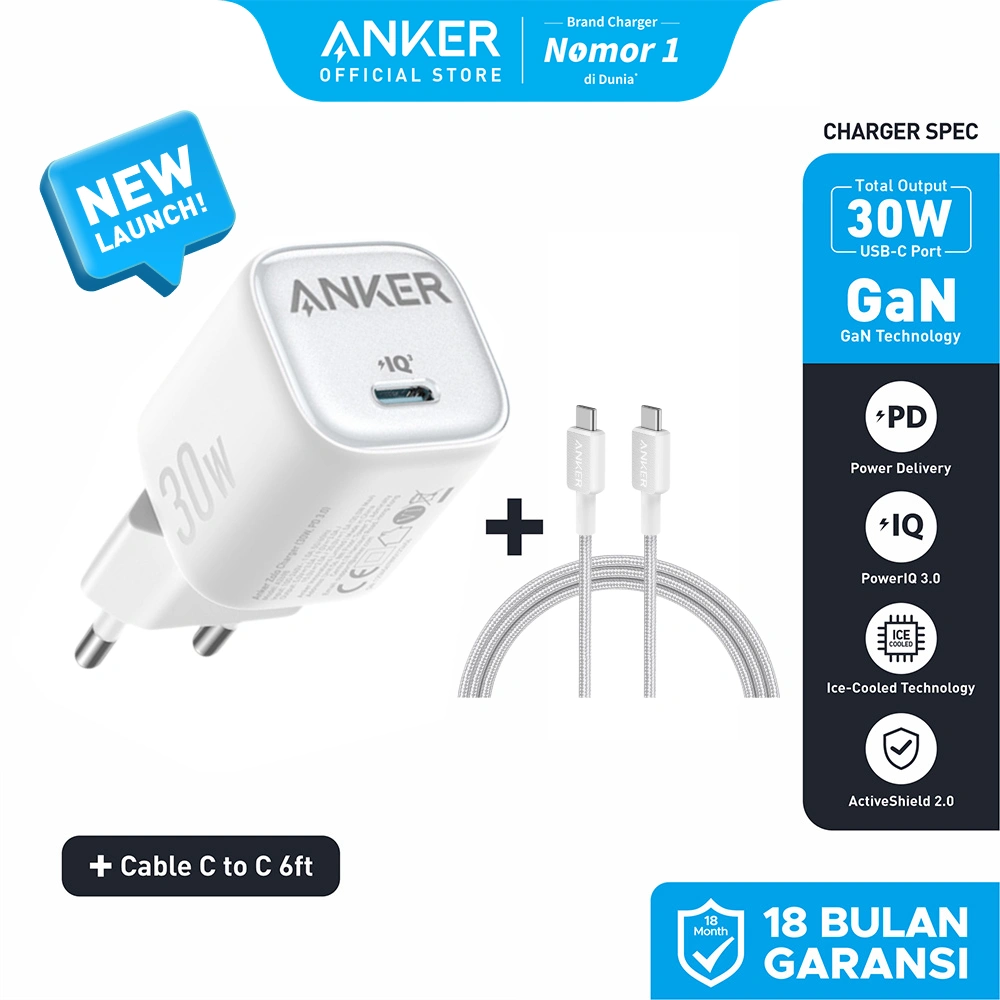 Adaptor Wall Charger Anker GaN Ice-cooled bundle Kabel USB Type C Lightning MFi for iPhone 17 16 15 14 13 12 11 X 30W Fast Charging PD - A2698