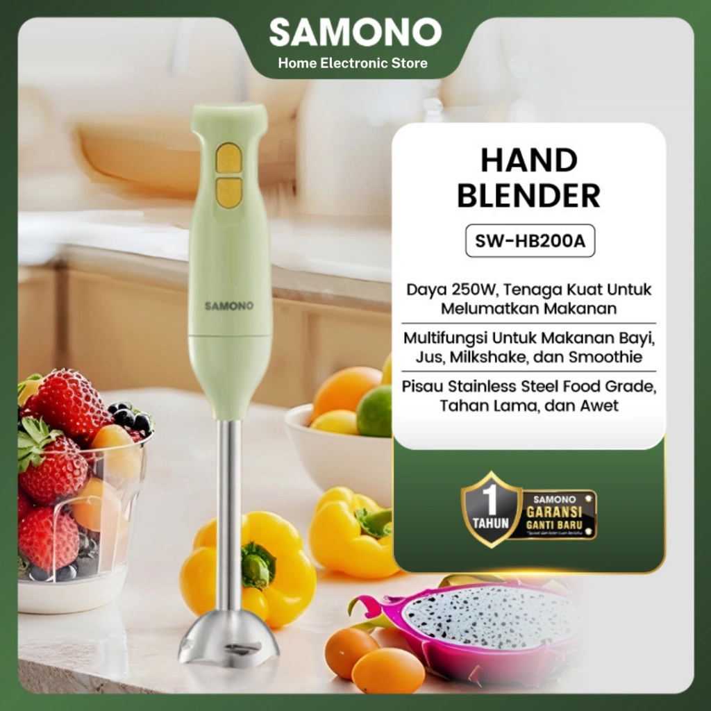 SAMONO Hand Blender 250W Blender Tangan Elektrik Multifungsi 2 Kecepatan Normal dan Turbo Stainless Steel Food Grade Ringan Ergonomis Cocok untuk MPASI Smoothie Saus Sup Puree Blender Serbaguna SW-HB200A