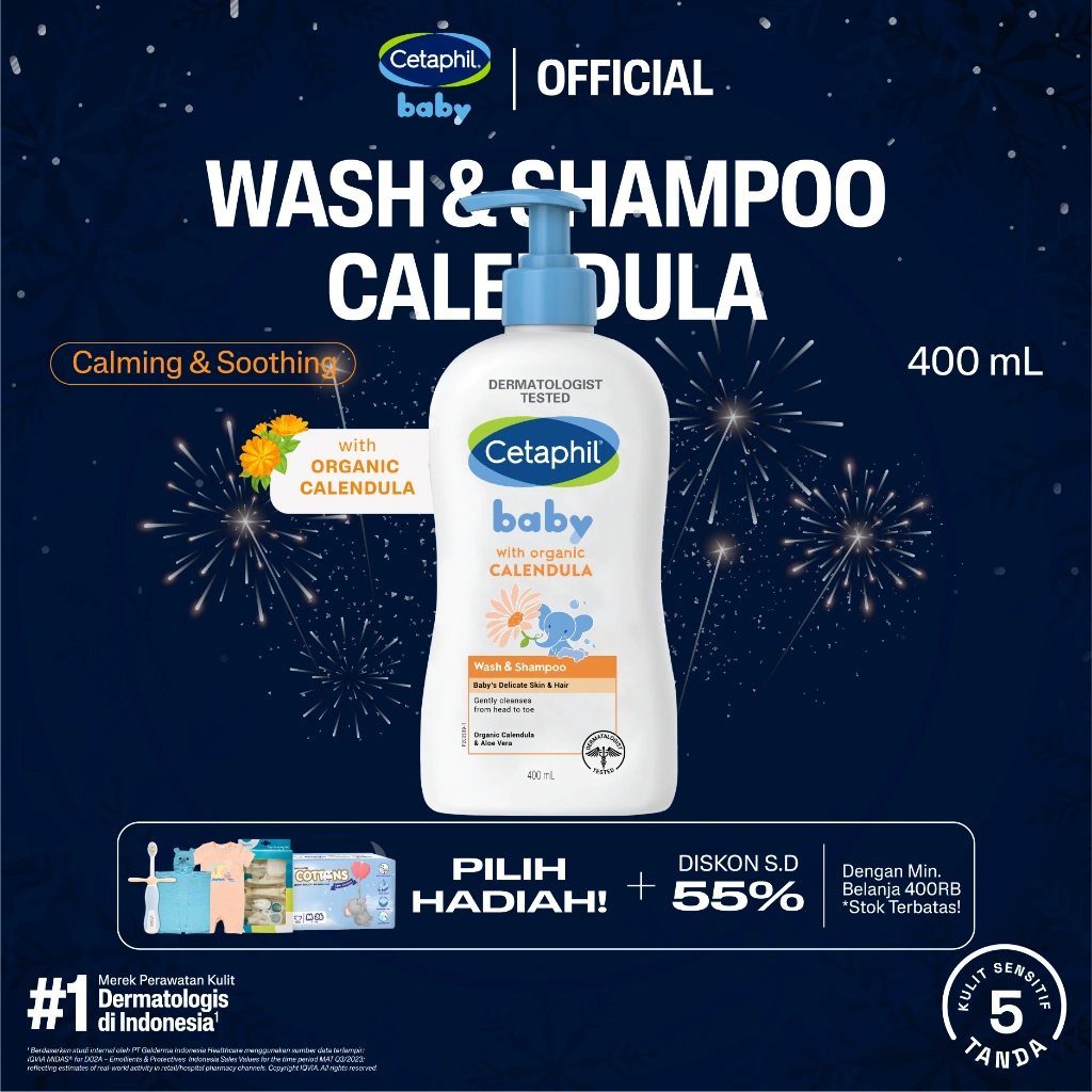 Cetaphil Baby with Organic Calendula Wash & Shampoo 400ml dengan Glycerin, Aloevera dan Calendula Sabun Mandi dan Shampo untuk Perawatan Kulit Bayi Cocok Untuk Kulit Sensitif