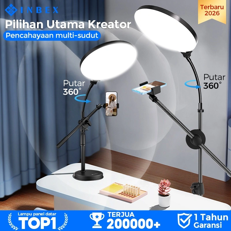 [Putar 360°]  INBEX IPL16 Light Bisa diputar 360° Tripod konten kreator ring light 12Inci 8Inci Lampu 3 Warna Bulat Panel Besar Lampu Video Livestreaming Studio