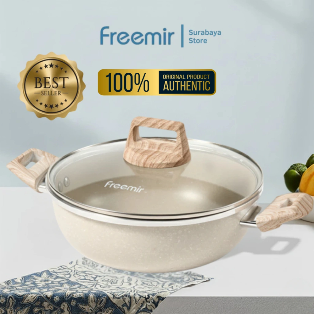 [Instant Surabaya] freemir Wajan Teflon Presto Gagang Kayu Granit Premium Anti Lengket Tutup Kaca
