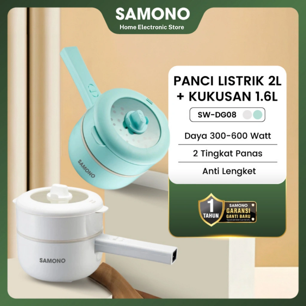 SAMONO Official Panci Listrik 2L FREE Kukusan 1.6L Serbaguna Low Watt Lapisan Keramik Anti Lengket Food Grade Auto Off Overheat Electric Multi Cooker Untuk Kost Rebus Kukus Tumis Goreng Hotpot Shabu SW-DG08