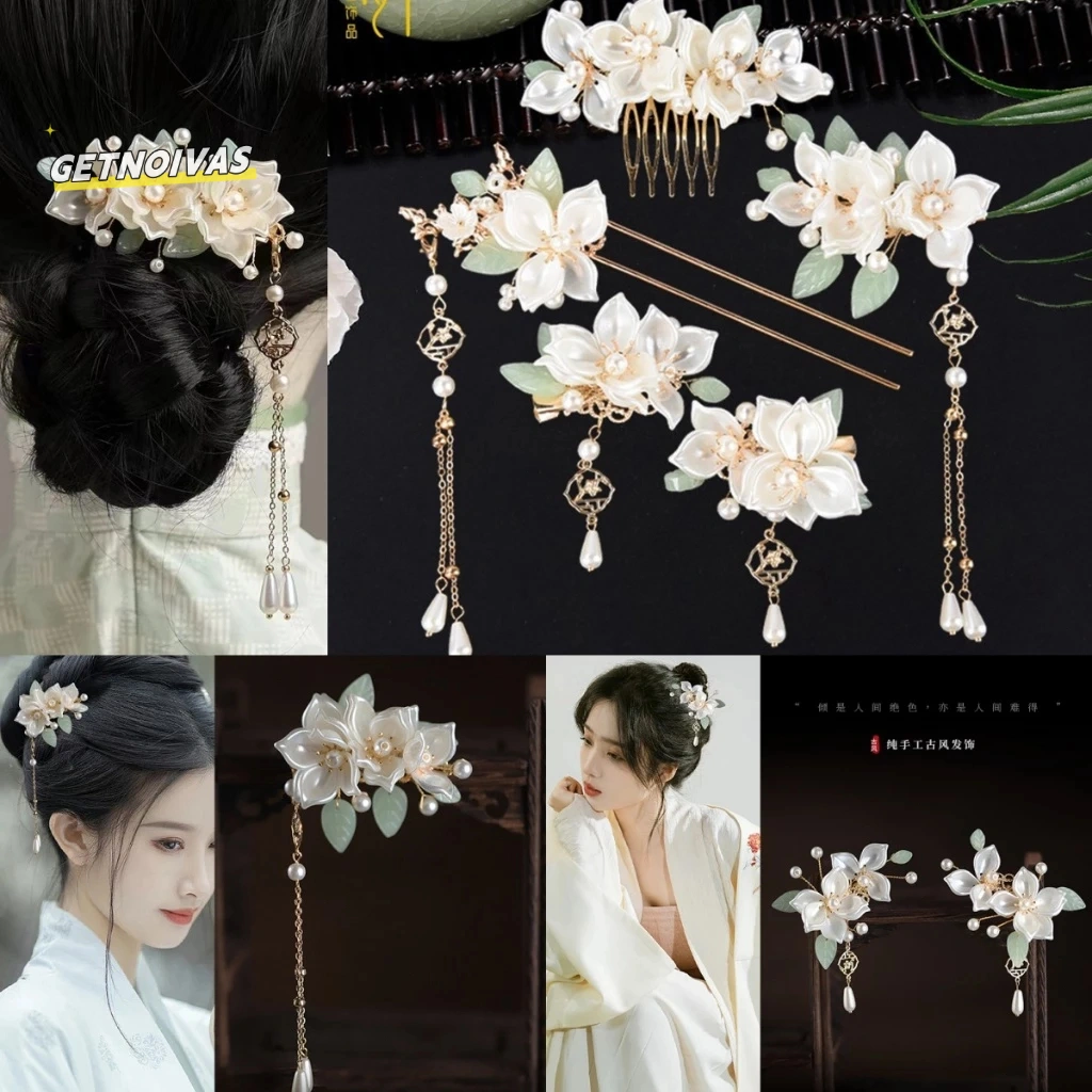 Sumpit Rambut Cina Aksesori Rambut Set Bunga Mutiara Tongkat Rambut Hanfu Tongkat Rambut Rumbai Panjang untuk Teman Pacar Istri Novel Hadiah