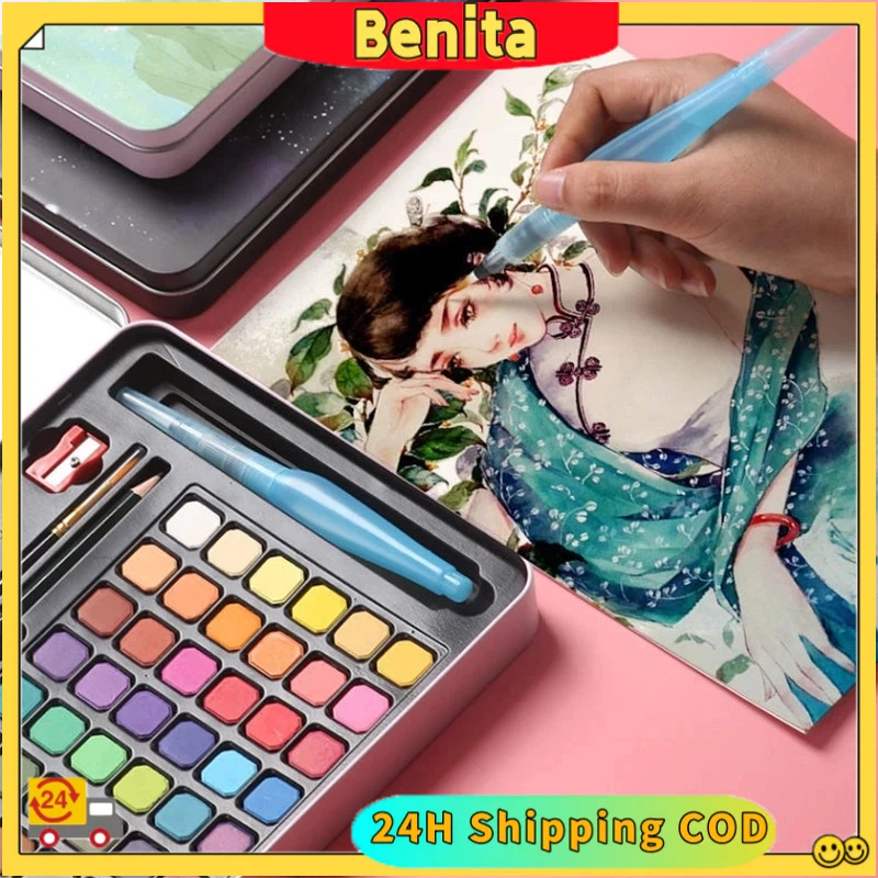 【24H COD】48Water Color Set Watercolor Paint Set- Alat Cat Air Set (Termasuk Kuas dan Kertas Gambaran)