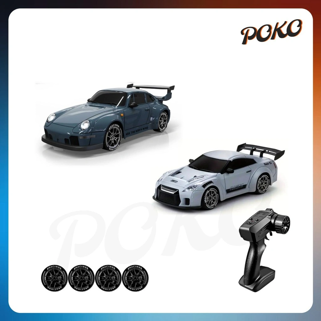 POKO Mobil RC Drift 1:24 4WD Remote Control Porsche 911 & Nissan GTR - Throttle & Steering Proportional, 2.4GHz, 20km/h, Ban Drift, LED, Roadblock, Mainan Balap Kolektor, Hadiah Unik, Hobi RC, Mobil Sport Klasik