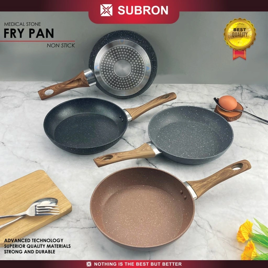 SUBRON Frying Pan Fry Pan Frypan Teflon Batu Medis  Penggorengan Wajan Non-Stick Kompor Induksi Anti Lengket Tebal 20cm 22cm 24cm 26cm Gagang Kayu
