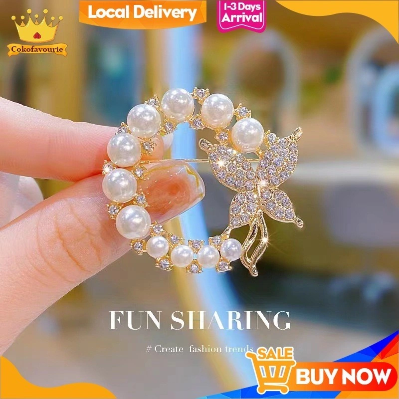COD Brooch / Bros Jilbab / Bros Pita Lucu / Bros Kupu / Bros Cantik / bros jilbab / Bros Laris / Bros Murah / Bros Cewek / Bros Terlaris Model Pita Warna Gold Silver Dengan Pearl Mutiara Bros Wanita Korean Fashion Style Butterfly Brooches Gold Color COK