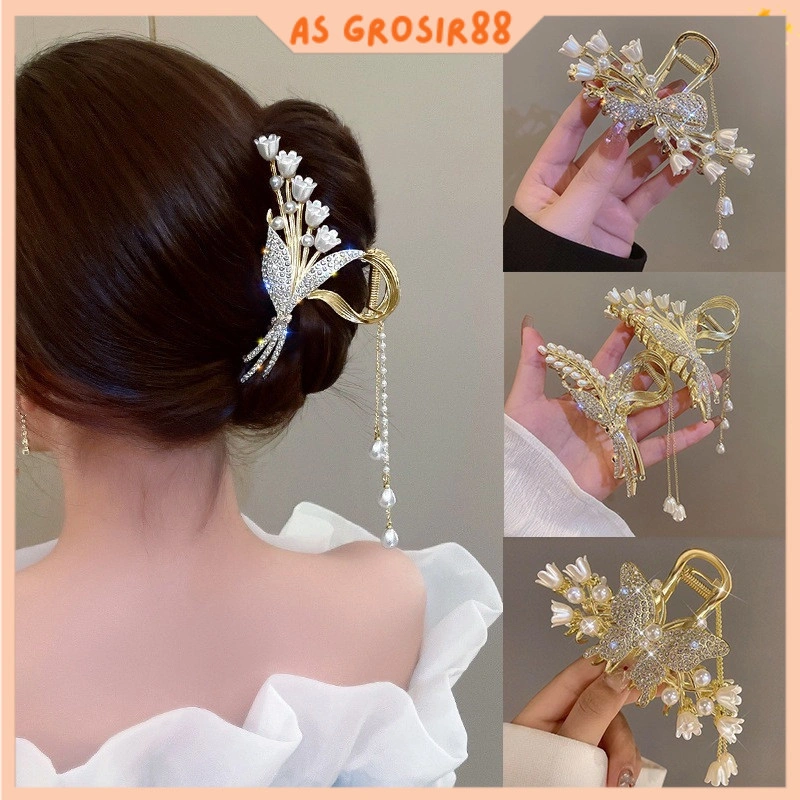 Jepit Rambut Elegan Wanita Korea Rumbai Mutiara Bunga Hiasan Rambut Jepitan Jedai Vintage AS JPT30