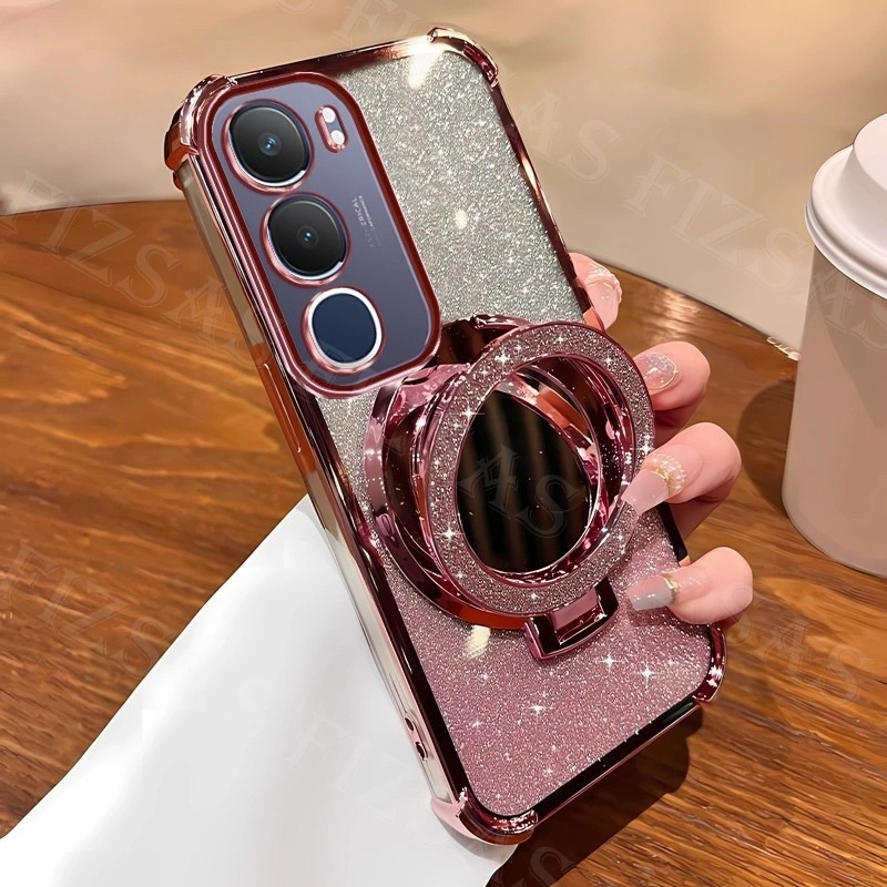 Casing Untuk Vivo Y19sGT Y19sPro Y19s GT Y19s Pro Y400 Y04 Y04s Y29 Y28 Y18 Y36 Y27s Y27 Y17s Y03 Y03t 4G 5G Case Clear Jelly Shockproof Case Glitter Mewah Dengan Penutup Lensa Kamera Pelindung Cermin Rias Dudukan Telepon Dudukan Telepon Cover