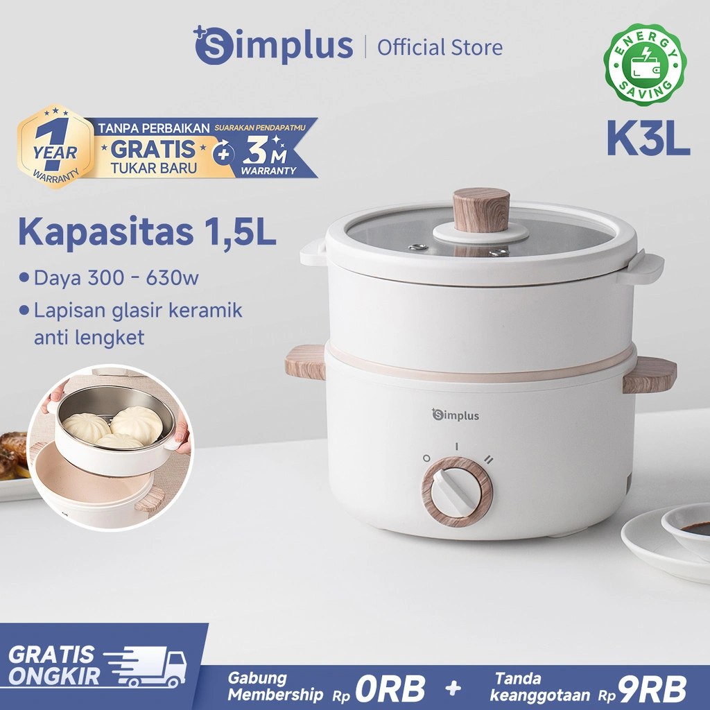 Simplus Panci Listrik Kapasitas 1.5L Panci Serbaguna Anti Lengket Dengan Kukusan 2 Mode Panas