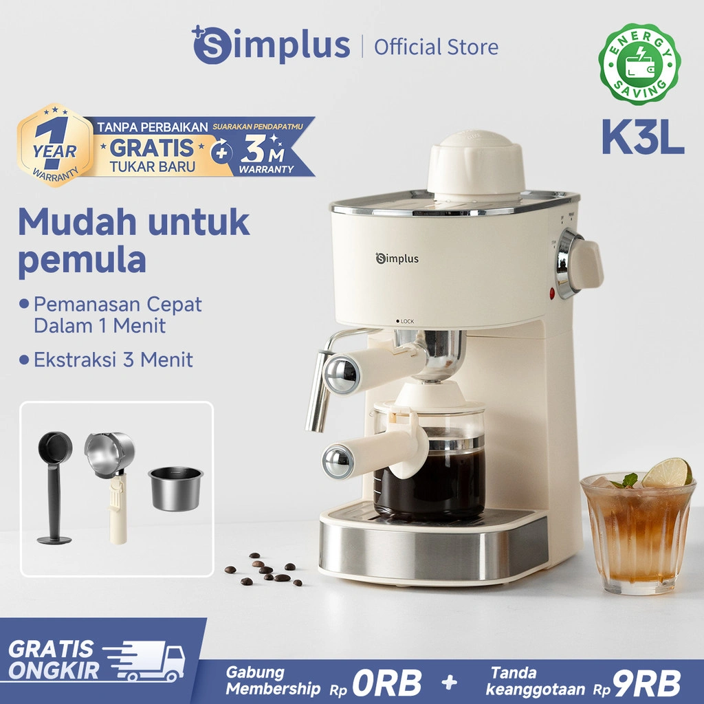 Simplus Mesin Kopi Semi Otomatis 5 Bar 240ml Portafilter  51mm Ringkas Pembuih Susu Suhu Konstan Frothing