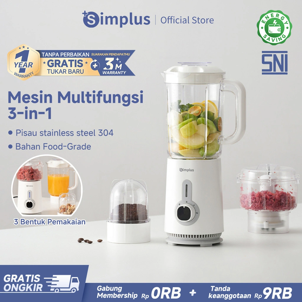 Simplus Blender 3-in-1 Serbaguna Penghalus Makanan 1,25L Blender Pisau Stainless Steel Menggiling Daging