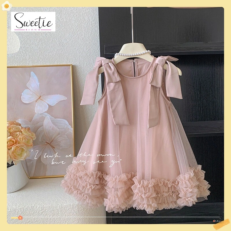 [SWEETIE BLOOM]  Gaun Anak Perempuan Jaring Tanpa Lengan Warna Pink Hijau Musim Panas Detail Pita Gaya Bidadari Baru