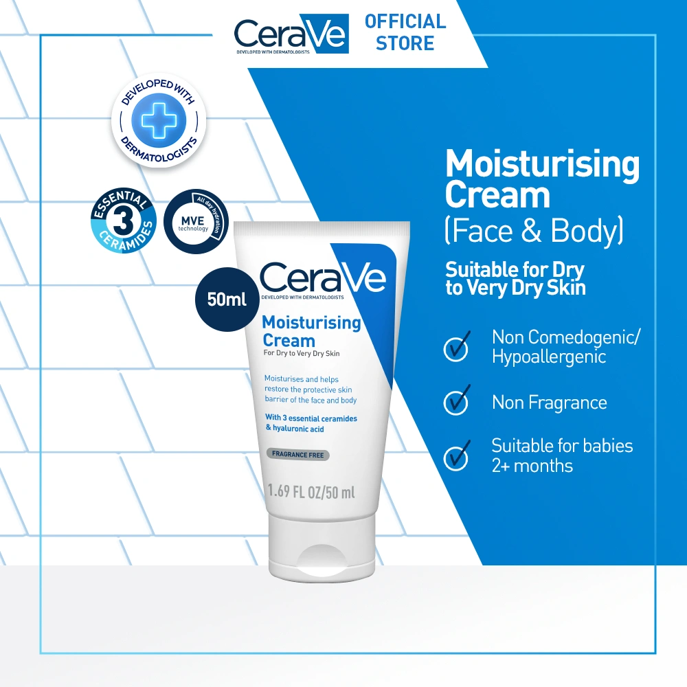 CeraVe Moisturising Cream 50ml  - Skin Barrier Repair Moisturizer with Ceramide for Dry to Very Dry Skin [Pelembap untuk Kulit Kering hingga Sangat Kering]