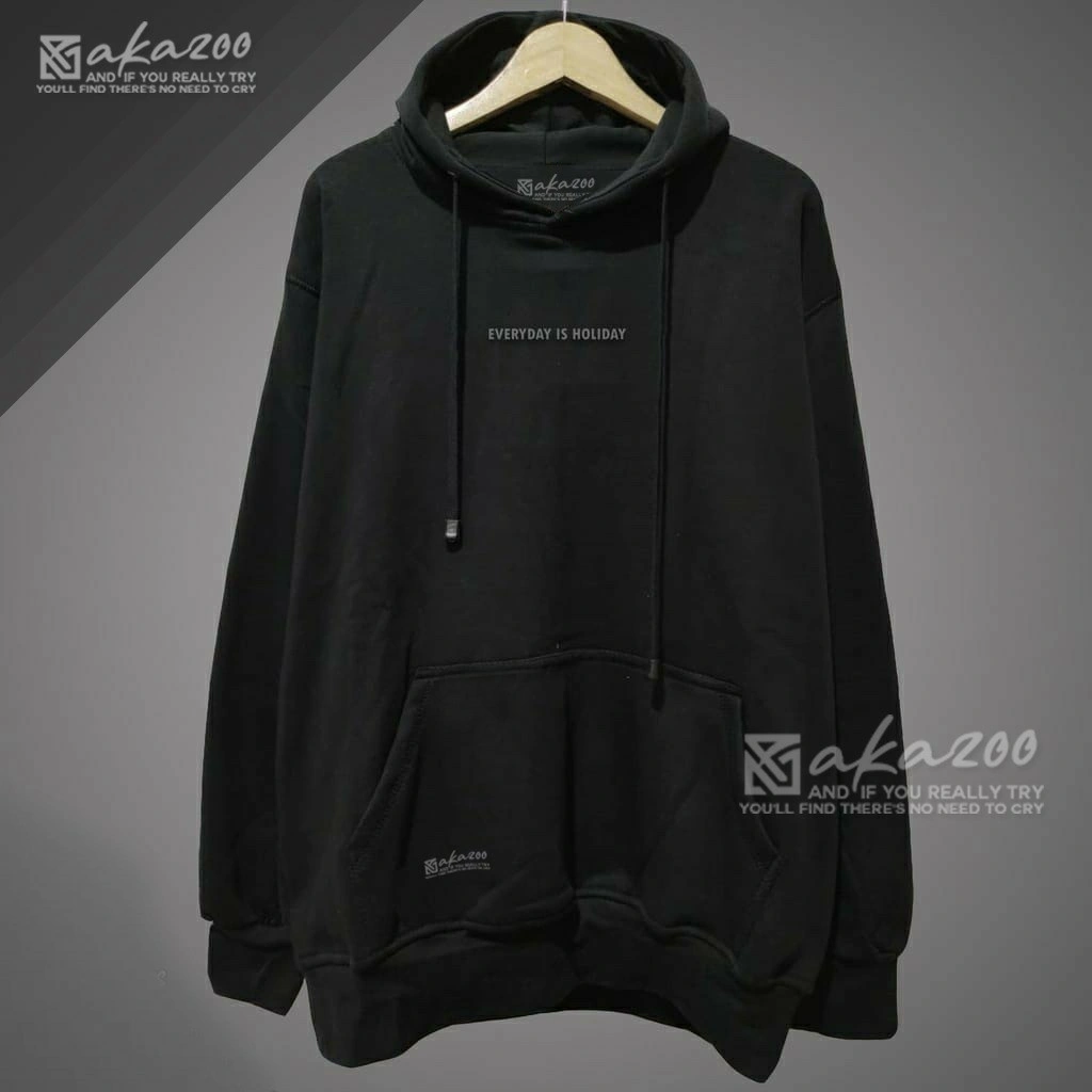 hoodie pria distro original brand akazoo warna hitam everyday is holiday sablon switer cowok keren