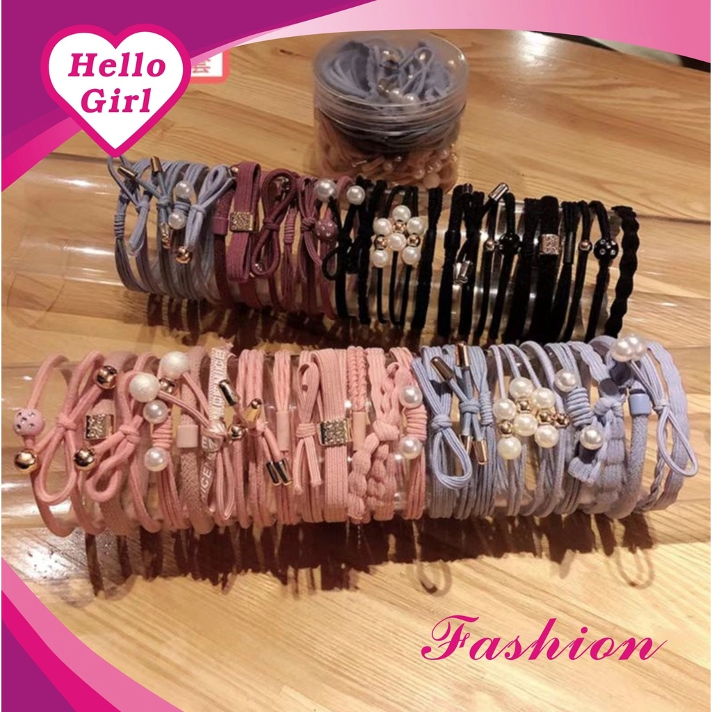 (Hello Girl)F160 50pcs + Box Ikat Rambut Wanita Set /Rubber Hair Set Import