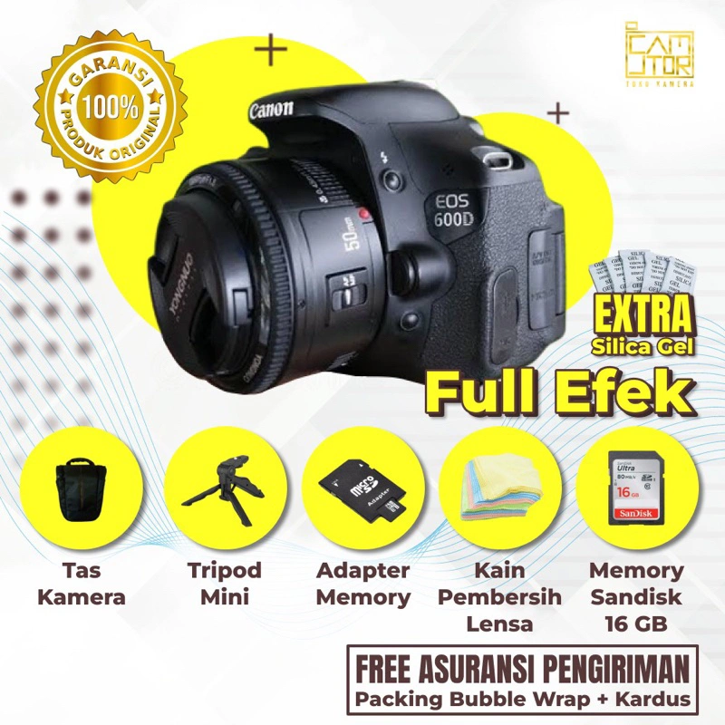 CANON EOS 600D + LENSA FIX 50MM F1.8 FULL BOX LAYAR FLIP TERLARIS
