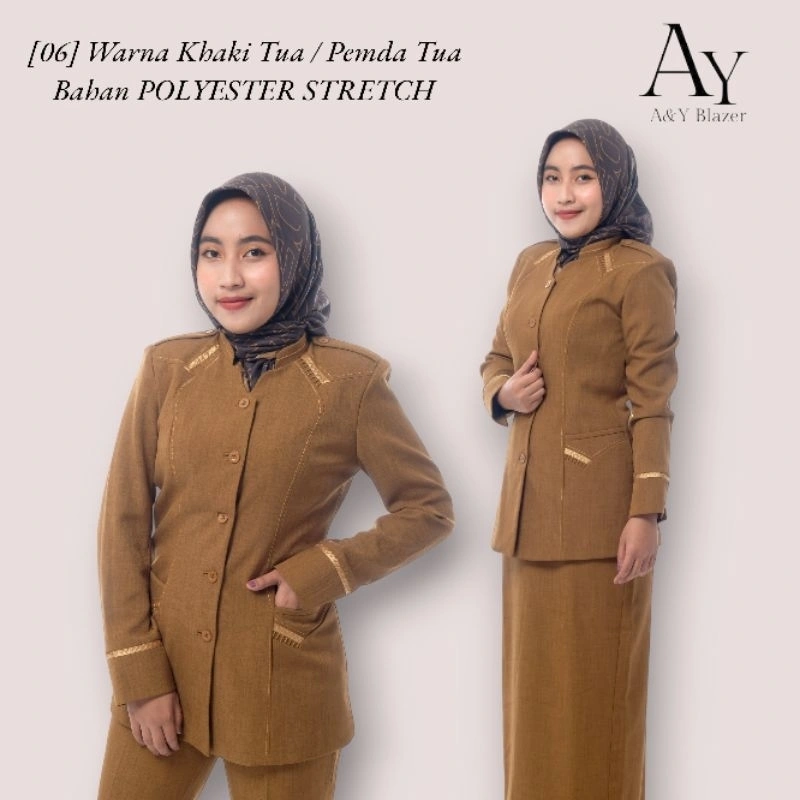 [06] [ BAHAN TEBAL ] A&Y Blazer Baju Seragam Pemda PDH Guru / PNS Wanita Warna Khaki Tua & Khaki Muda Bahan POLYESTER STRETCH PREMIUM | Seragam Kerja Dinas PDH pemda tua Wanita terbaru