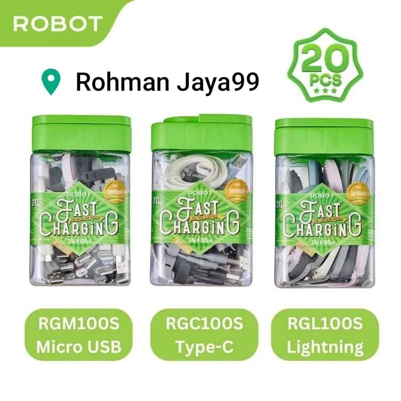 1 TOPLES ISI 20 PCS KABEL DATA ROBOT GEPENG RGM100S MICRO USB / RGC100S TYPE C / RGL100S IPHONE LIVE