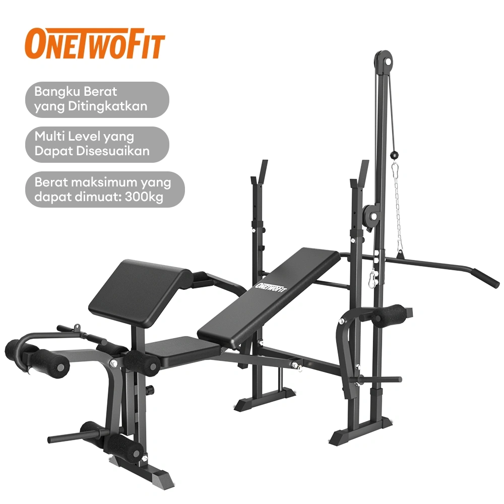 OneTwoFit Bench Press Weightlifting Bench Baru Bench Press Berat Dapat Disesuaikan Multi Gym Dengan 3 Tingkat Ketinggian Lipat Portabel Hingga 300kg Otot Latihan Dengan Fungsi Tarik Ke Bawah Tinggi