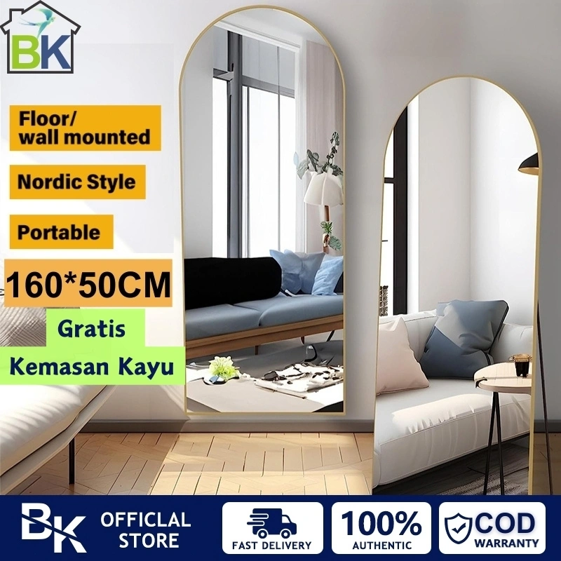 Kemasan Kayu Standing Mirror Premium Standing Mirror Aesthetic Full Body Frameless Oval 150/160*40/50CM Cermin Tubuh Kaca