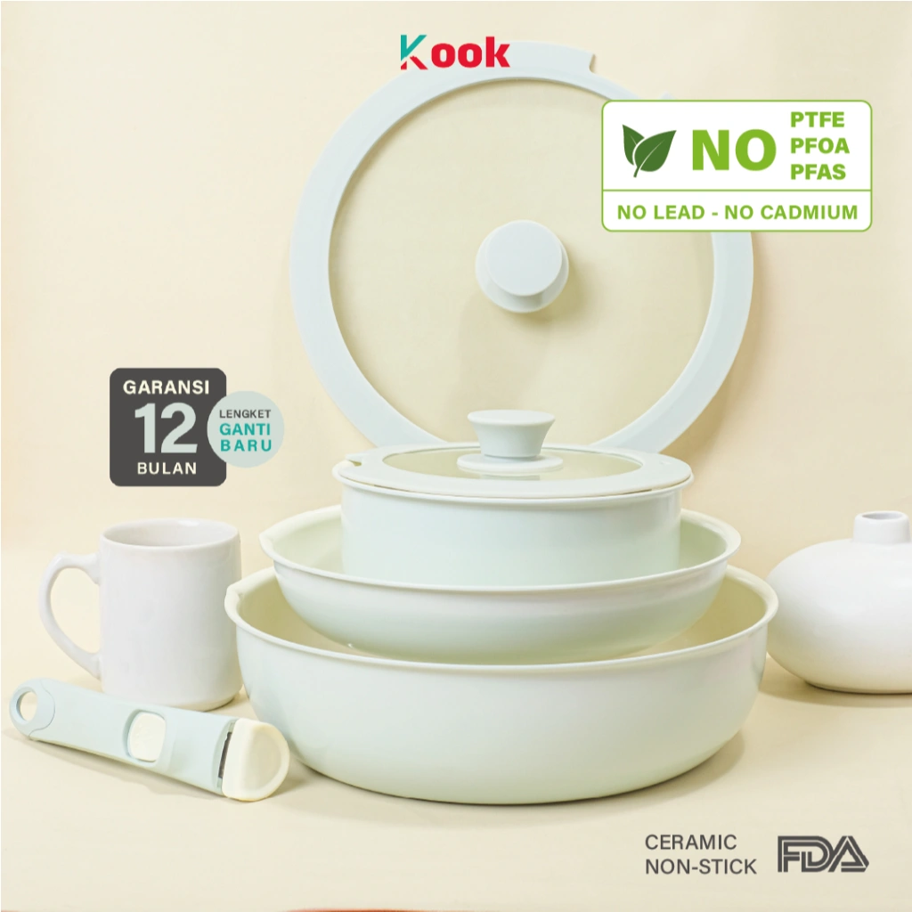 KOOK 6 in 1 Detachable Pan Set - Non-toxic Ceramic Non-stick Pan PTFE PFOA PFAS Lead Cadmium Free Peralatan Masak Anti Lengket Pegangan Lepas Panci Frying Wok Semua Kompor