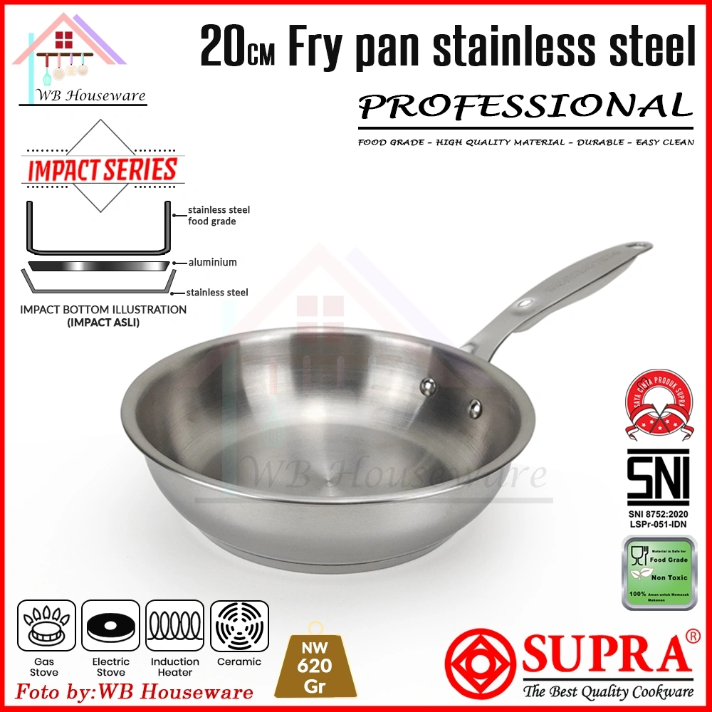 SUPRA panci fry pan 20cm stainless steel SUS 304 impact bottom professional cookware series / wajan gagang masak