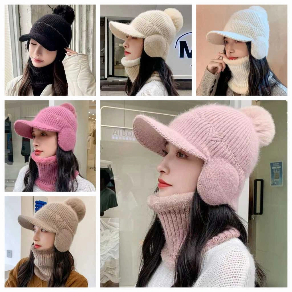Topi Syal Musim Dingin Rajutan Hangat Beanies Pria Wanita dengan Penutup Kuping Gaya Korea