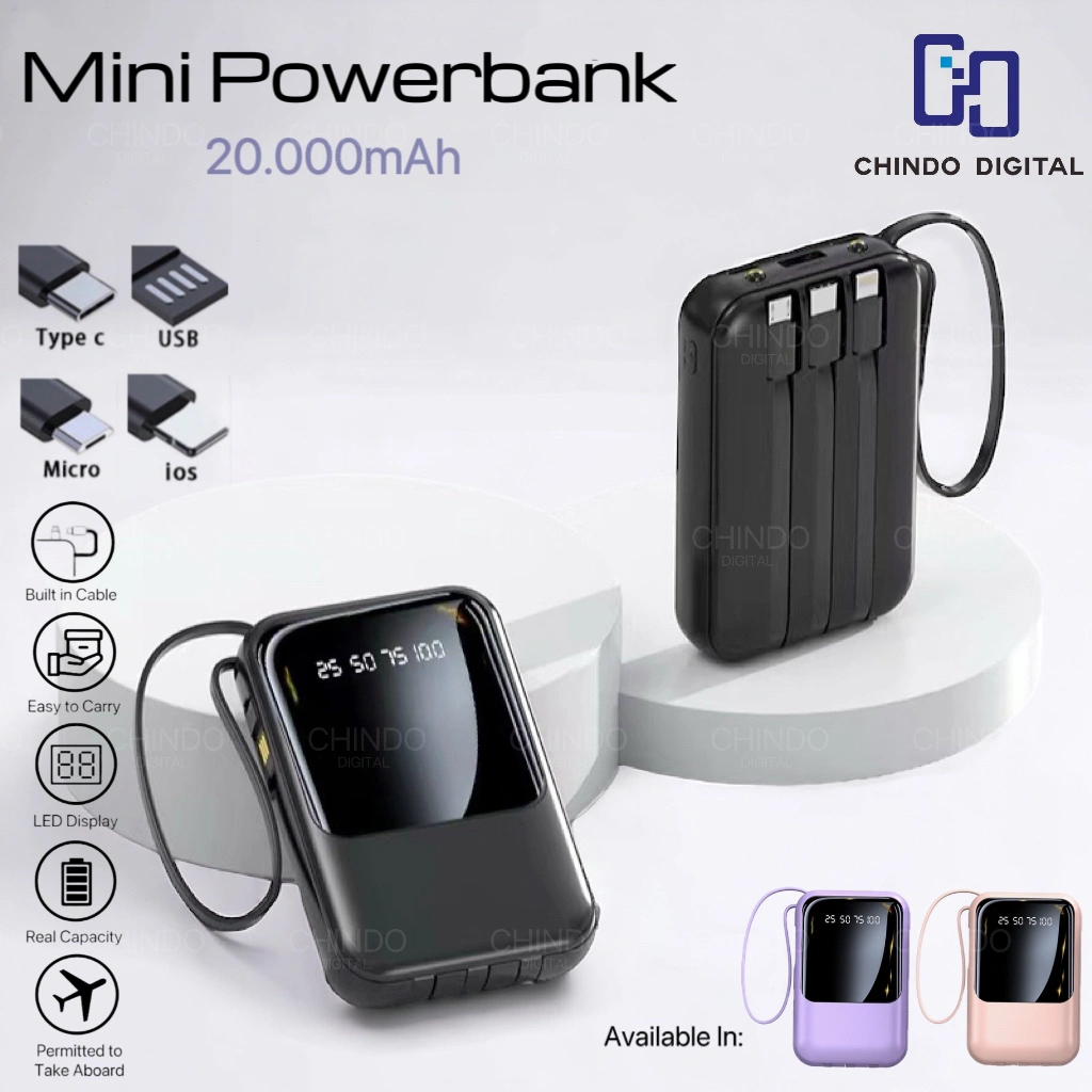 [CID] Powerbank 20000 mAh Mini With 4 USB Cable Fast Charging Lightweight Universal Powerbank LED Display