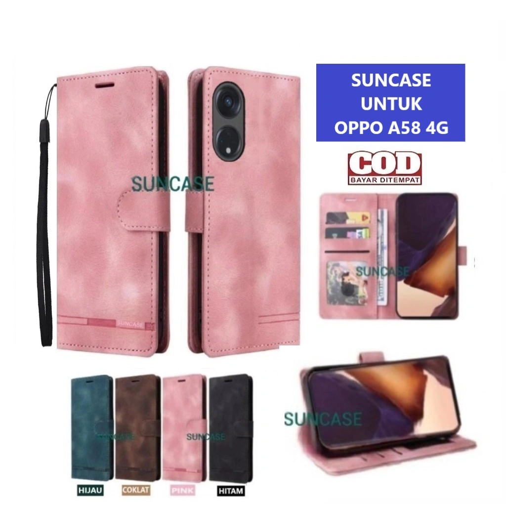 Casing OPPO A58 4G model flip buka tutup case kulit ada tempat foto dan kartu juga tali hp flip cover