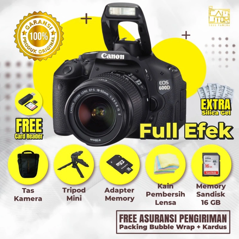 Paket Lengkap Kamera Canon 600D Kit 18-55mm + Memori 16Gb + Tas + Garansi Toko