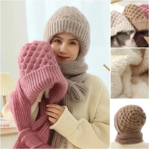 Topi Kupluk set Syal Hijab Winter Wanita Tebal Hangat Rajut Wool Beanie Hat Import
