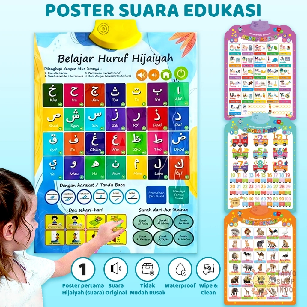 TAIYO Poster Edukasi Suara Hijaiyah Huruf Angka Hewan Buah Belajar 3 Bahasa Ngaji Bunyi Baca Anak
