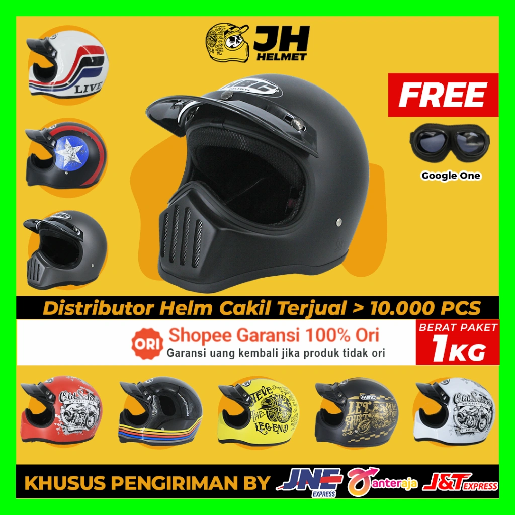 Helm Cakil HBC + FREE GOGGLE | Original 100% | GRATIS ONGKIR | Helm Retro | Full Face | Jual Helm
