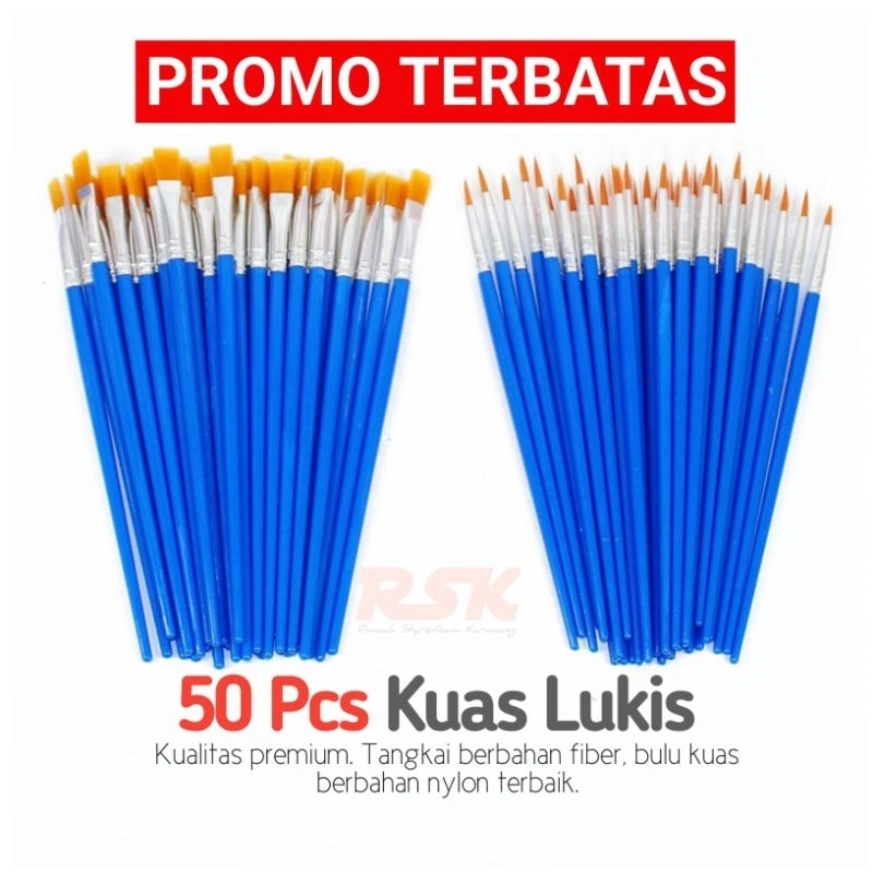 50 Pcs Kuas Flat / Round Kuas Lukis Paint By Number Kuas Lukis Sterofoam Kuas Cat Air Koas Acrylic Kuas Nylon Import