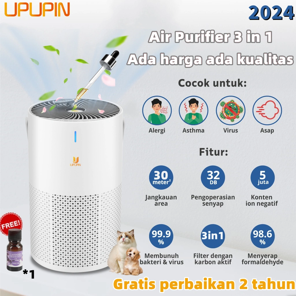 UPUPIN Air Purifier Aromatherapy 3 in 1 HEPA Filter Pembersih Penyaring Udara Penjernih Ruangan Pelembap Udara Menghilangkan Bau Ruangan dengan 3 Kecepatan Angin Layar Digital dan Wangi Relax