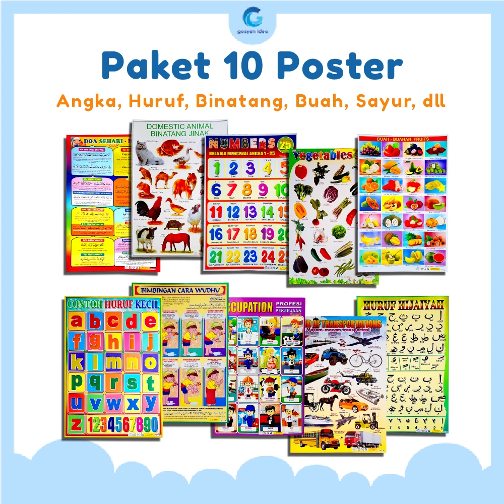 Paket Poster 10 Pcs Edukasi Belajar Anak Gambar Angka Huruf Binatang Buah Sayur Hijaiyah Doa