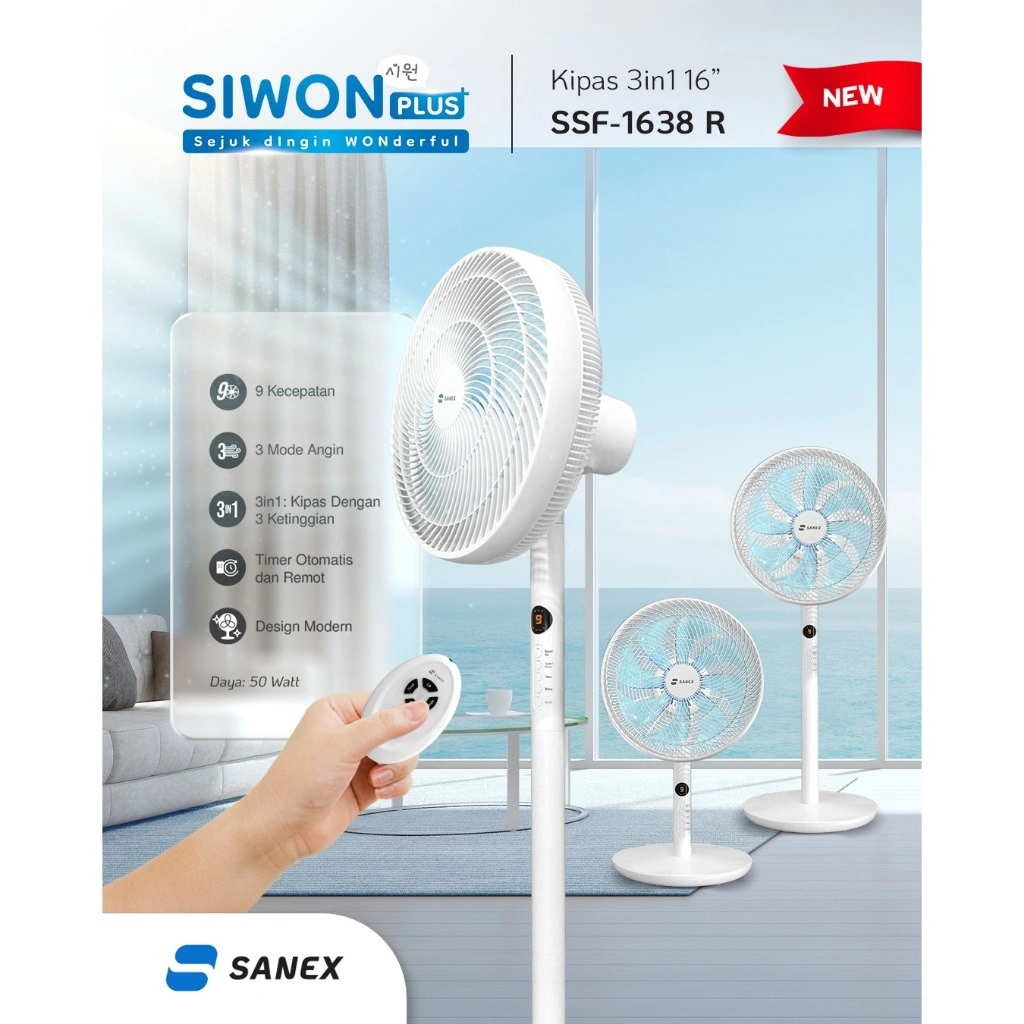 SANEX Smart Stand Fan SIWON Plus Kipas Berdiri Pintar 3 in 1 16 Inch SSF 1638 R + Remote Design Modern Mewah Minimalis dengan 8 Baling