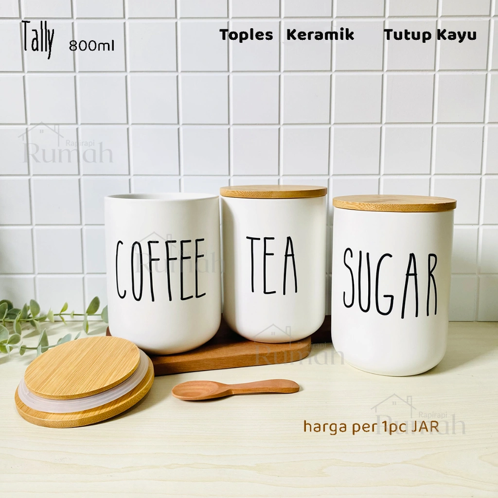 TALLY 800 ml - Tempat Bumbu Keramik Kopi Teh Gula Putih Tutup Kayu Bambu