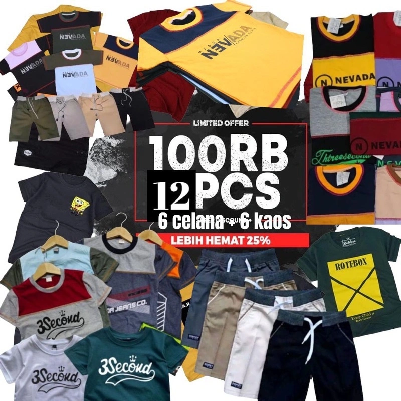 PROMO PAKET 100 RIBU DAPAT 12 PCS 6 KAOS + 6 CELANA  Bahan Nyaman Dan Adem