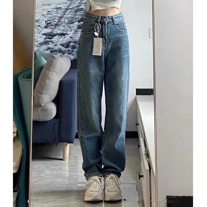 Celana jeans high waist wanita korean style Jeans baggy pants Serbaguna Kasual Biru Retro