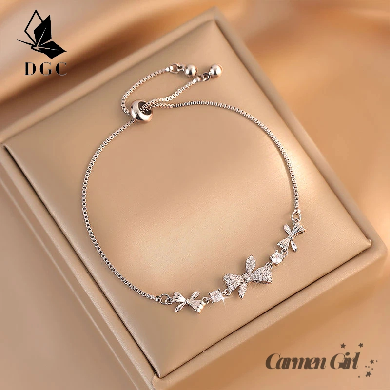 D.G.C Gelang Titanium Wanita Cewek Perak Berlian Butterfly Knot Korea Aesthetic Aksesoris Kupu-kupu Simpul Perhiasan Titanium Asli Gelang Serut Murah D875