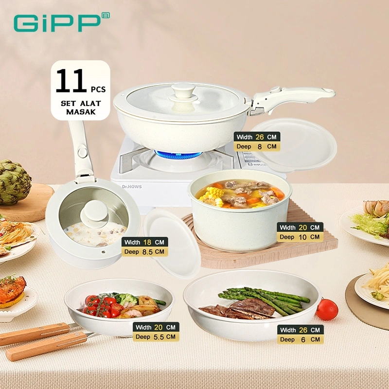 GiPP 3/5/11pcs Removable Handle Cookware Set - Nonstick Wok Pan & Pots Bebas PFAS & PTFE & PFOA