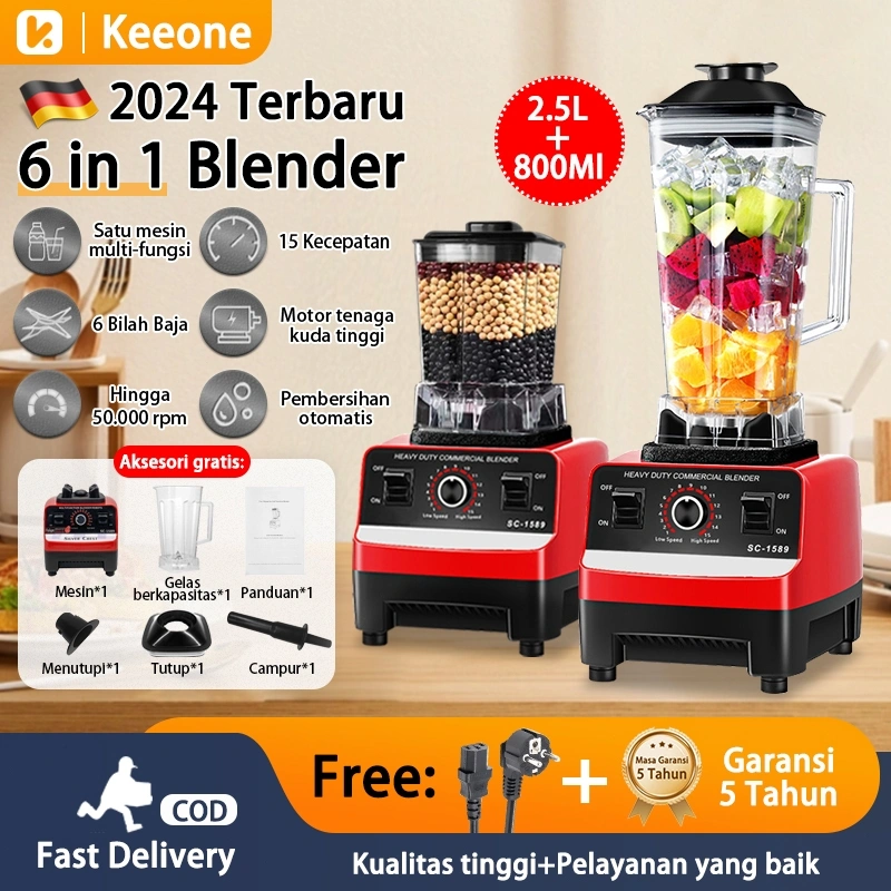 Keeone Blender 2.5L+800ML 220V 6 Pisau Blender Buah Multifungsi Chopper Juicer Bahan PC Food Grade Mesin Blender Mixer lce Crusher Jus Sayuran Jus Sereal Gilingan Smoothie Getar
