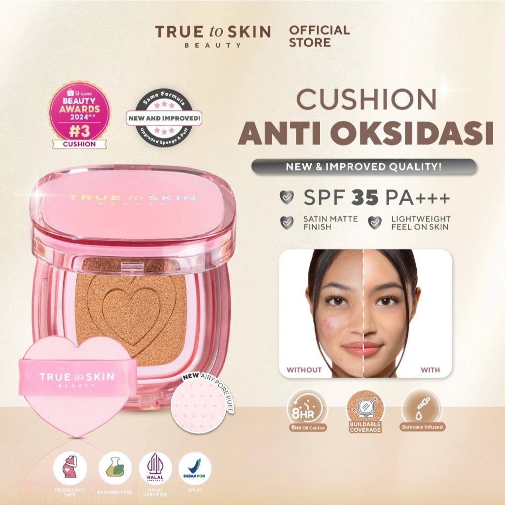 True to Skin - Skinlike Porefecting Cushion SPF 35 PA++++ Medium to High Coverage Satin Matte Finish Lightweight Tidak menyumbat pori pori
