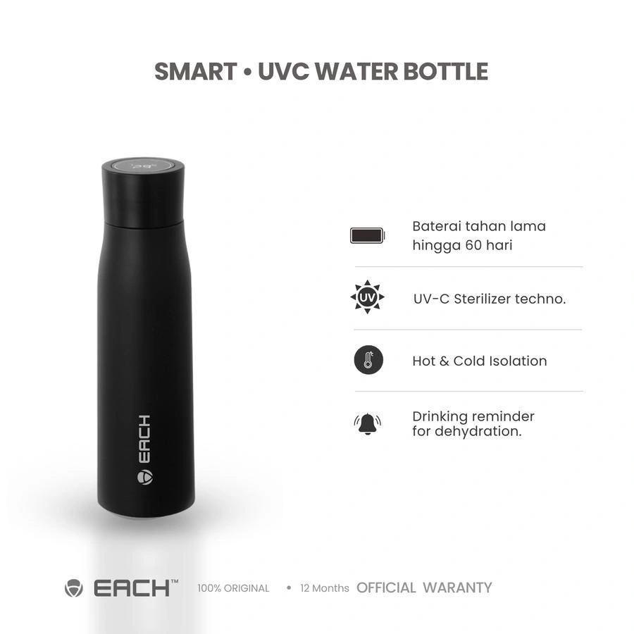 Botol Minum Pintar | UV Anti Bakteri Hitam 750 ml |  SMART WATER BOTTLE | Self Cleaning UVC Sterilizer | XIONCO